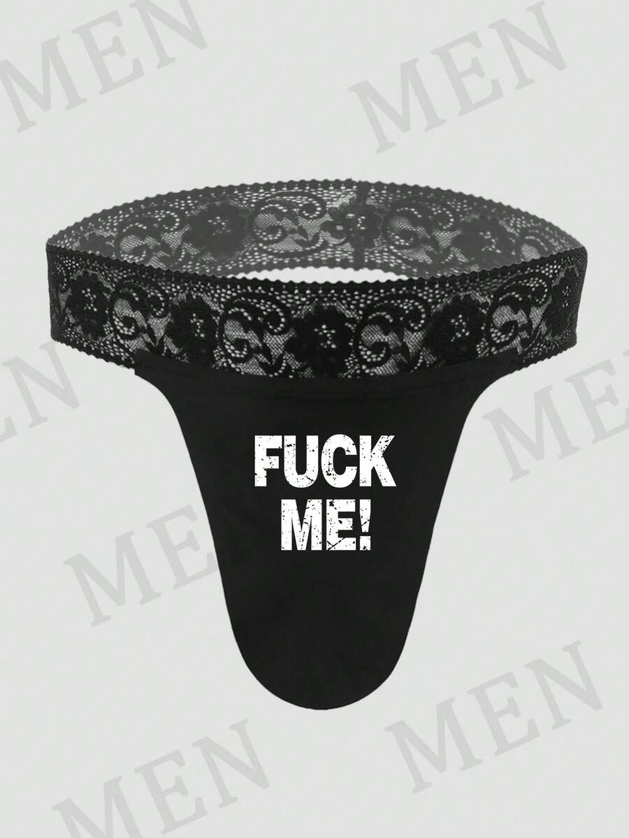 Black men's low rise thong underwear featuring a letter printed waistband and tape details.