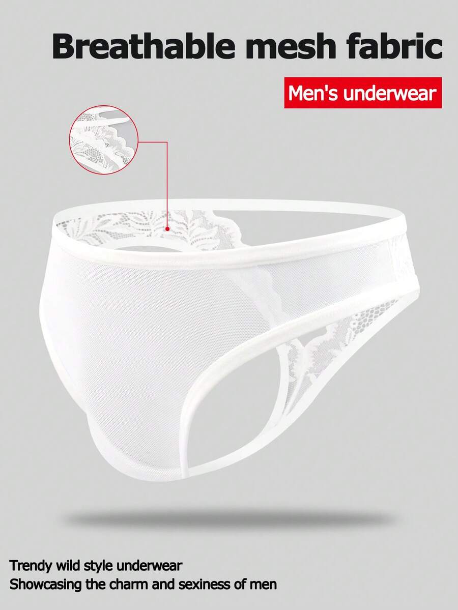 Multicolor men's low rise mesh thong underwear featuring hollow out details and colorblock design