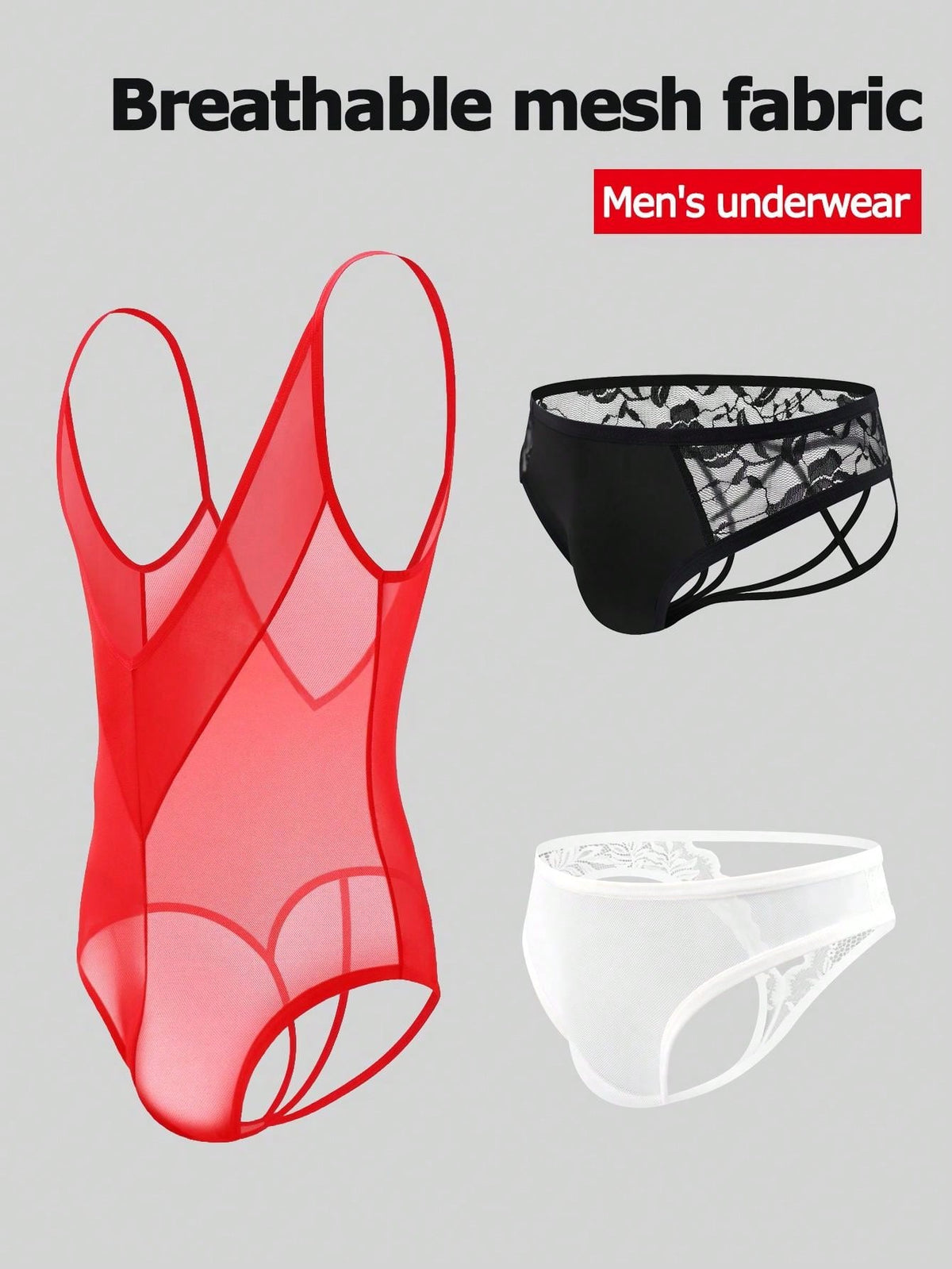 Multicolor men's low rise mesh thong underwear featuring hollow out details and colorblock design