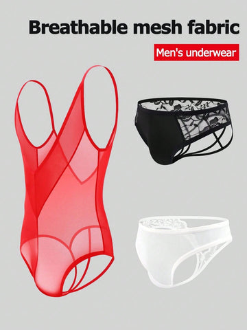 Multicolor men's low rise mesh thong underwear featuring hollow out details and colorblock design