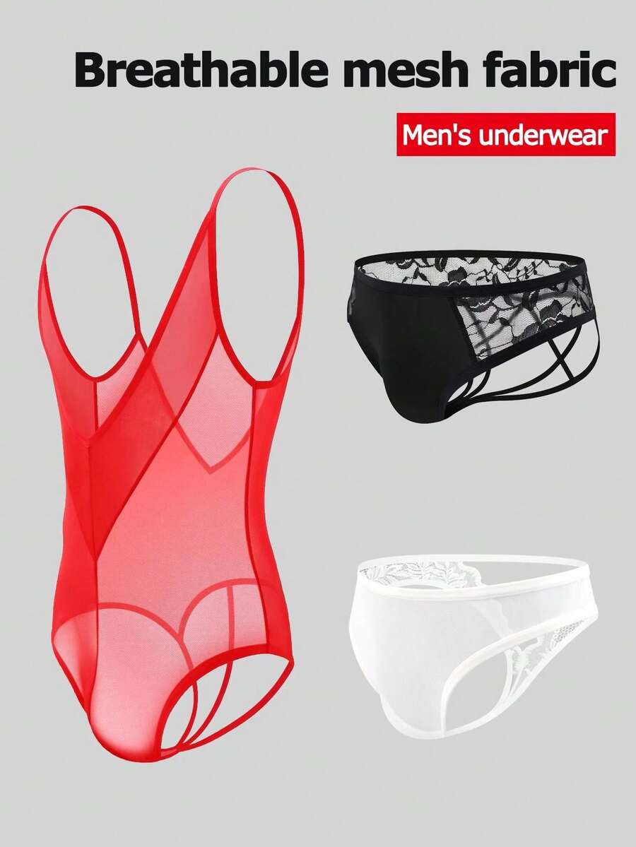 Multicolor men's low rise mesh thong underwear featuring hollow out details and colorblock design