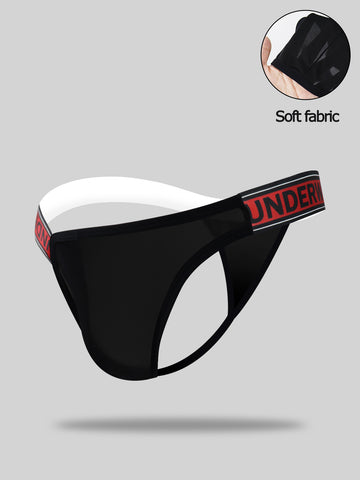 Black low rise men's thong underwear crafted from solid knitted stretch fabric.