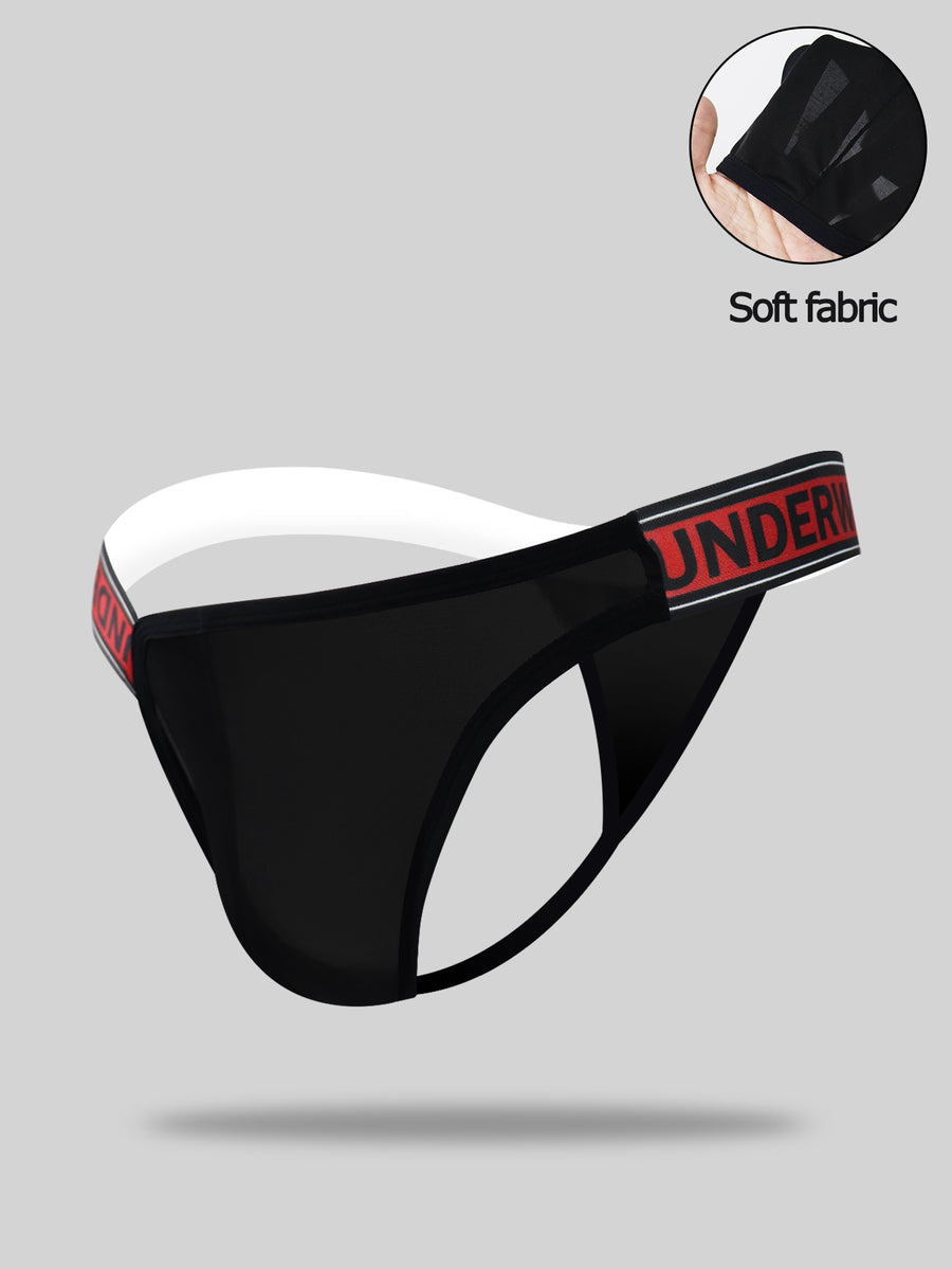 Black low rise men's thong underwear crafted from solid knitted stretch fabric.