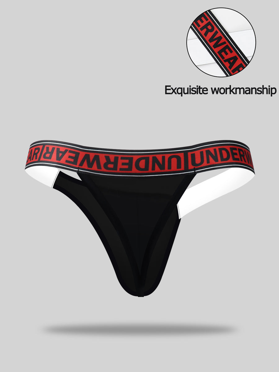 Black low rise men's thong underwear crafted from solid knitted stretch fabric.