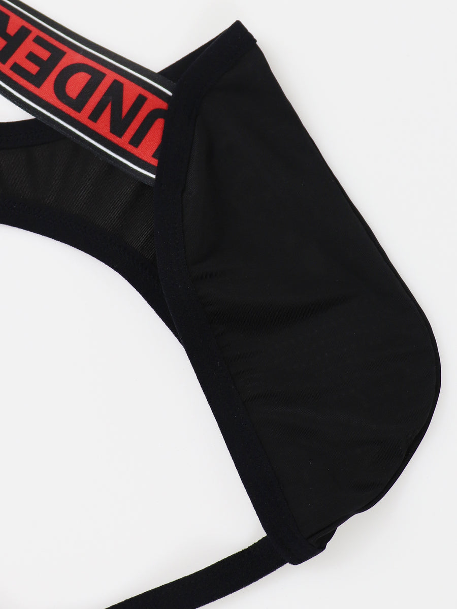 Black low rise men's thong underwear crafted from solid knitted stretch fabric.