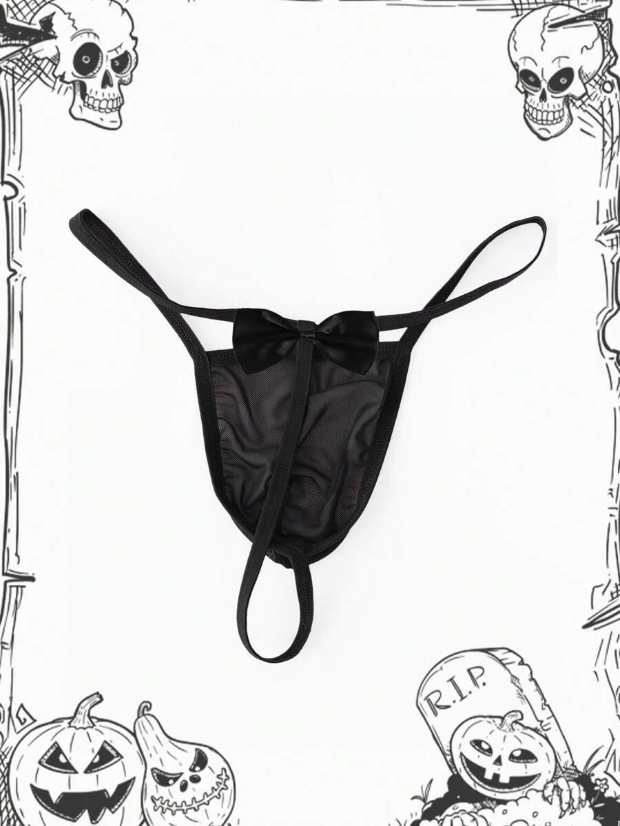 Black semi-sheer mesh men's thong featuring a Halloween theme, low-rise waist, front bow accent, and contrast binding.