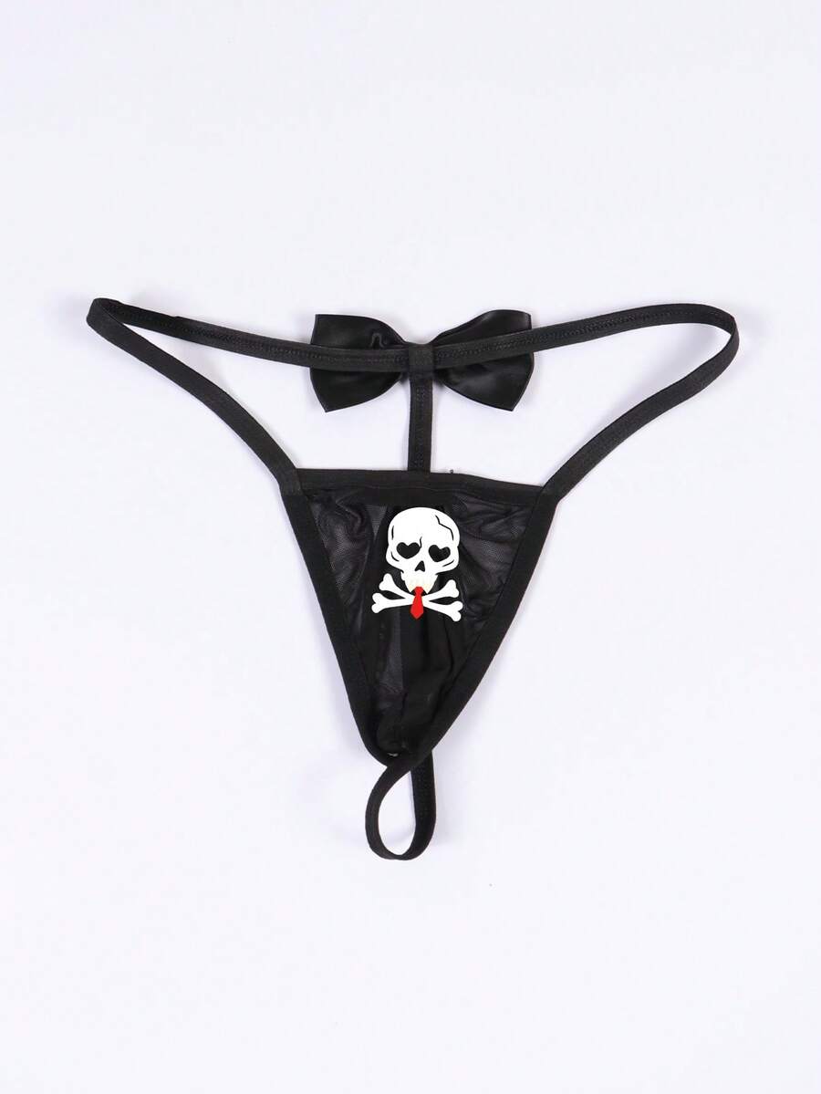 Black semi-sheer mesh men's thong featuring a Halloween theme, low-rise waist, front bow accent, and contrast binding.