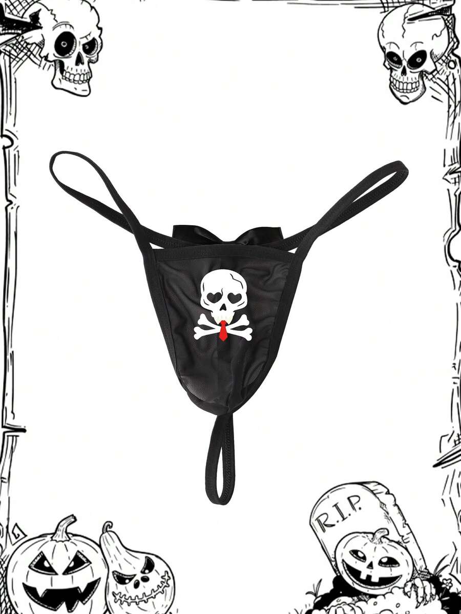 Black semi-sheer mesh men's thong featuring a Halloween theme, low-rise waist, front bow accent, and contrast binding.