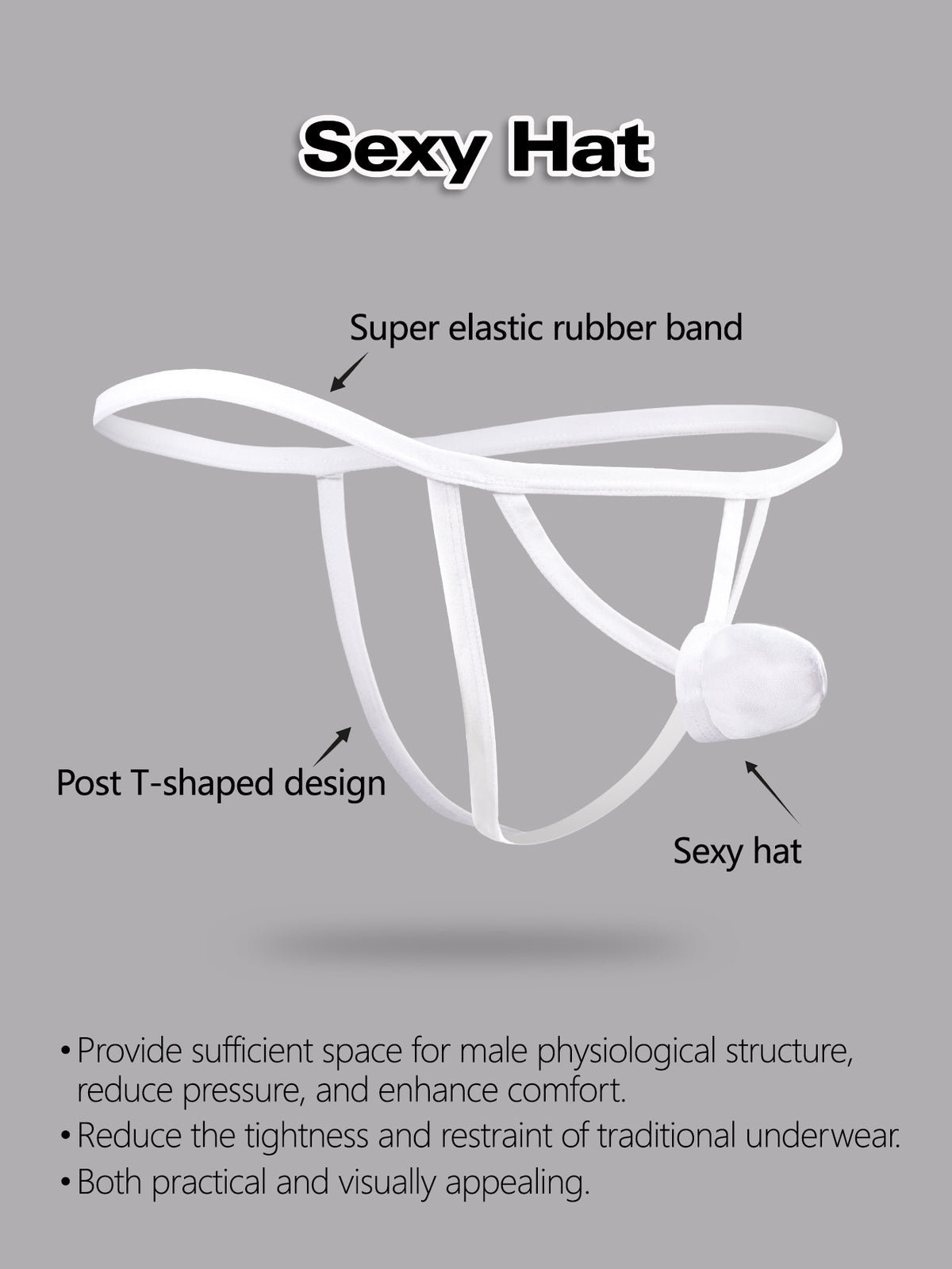 Men's solid white low-rise thong underwear featuring a U-convex contour pouch design.
