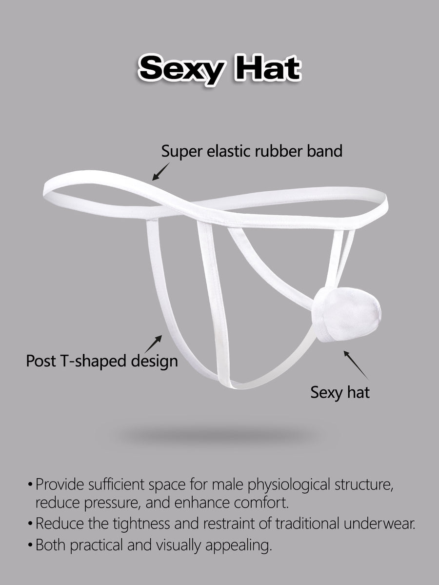 Men's solid white low-rise thong underwear featuring a U-convex contour pouch design.