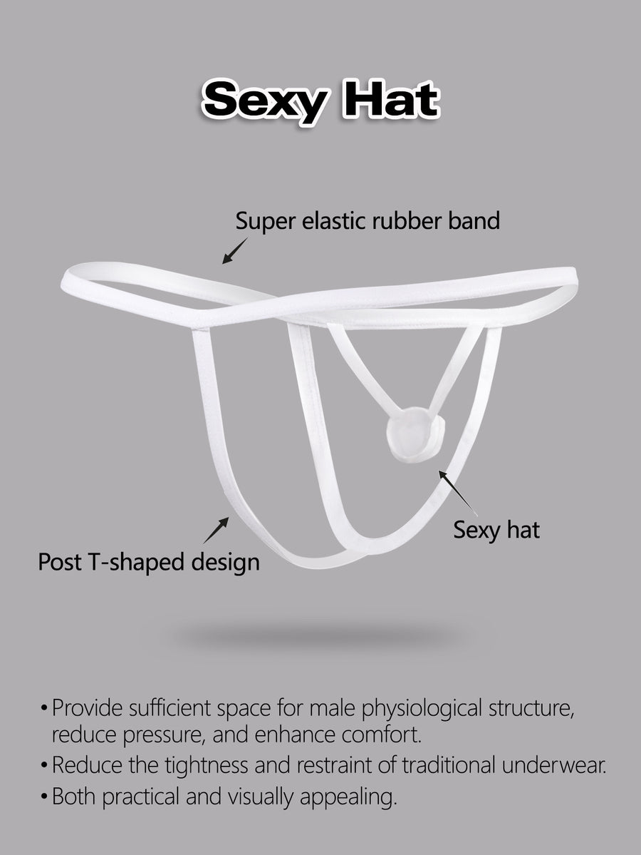 Men's solid white low-rise thong underwear featuring a U-convex contour pouch design.
