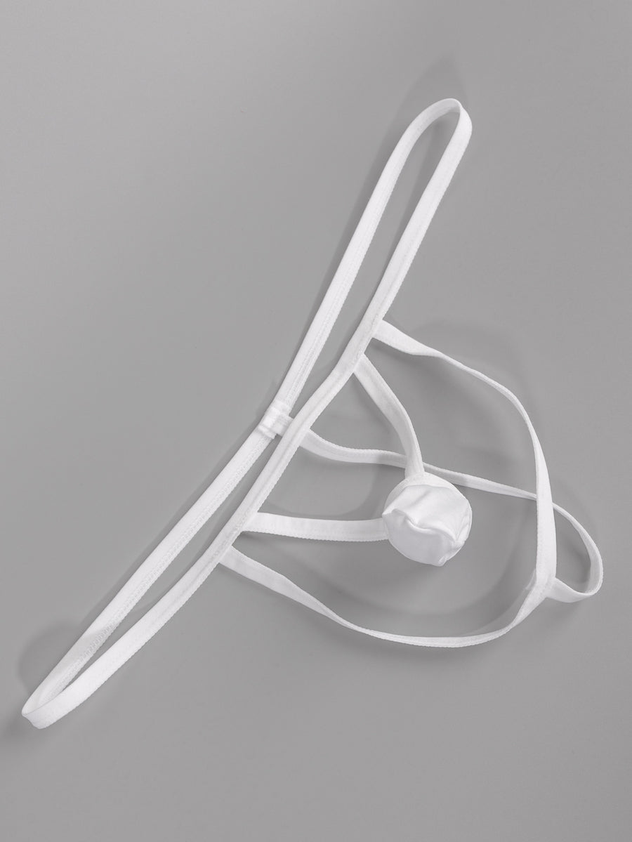 Men's solid white low-rise thong underwear featuring a U-convex contour pouch design.