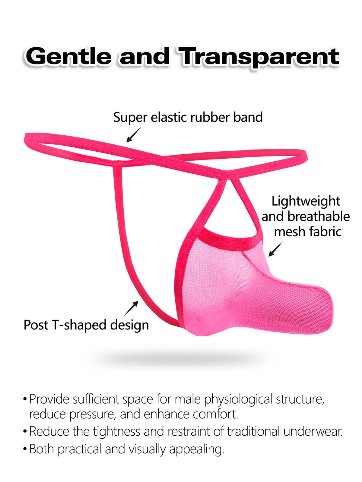 Hot pink men's low-rise mesh thong underwear featuring a colorblock pattern and breathable mesh fabric construction.