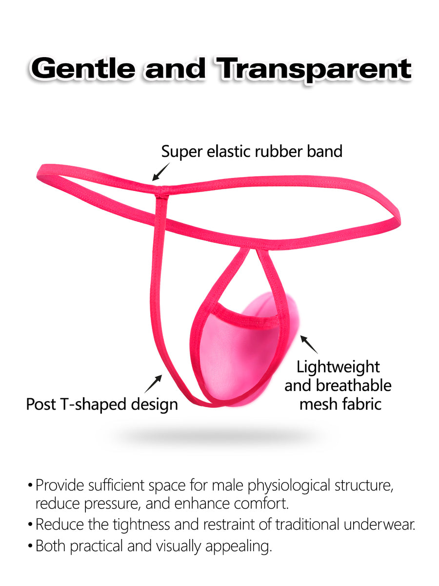 Hot pink men's low-rise mesh thong underwear featuring a colorblock pattern and breathable mesh fabric construction.