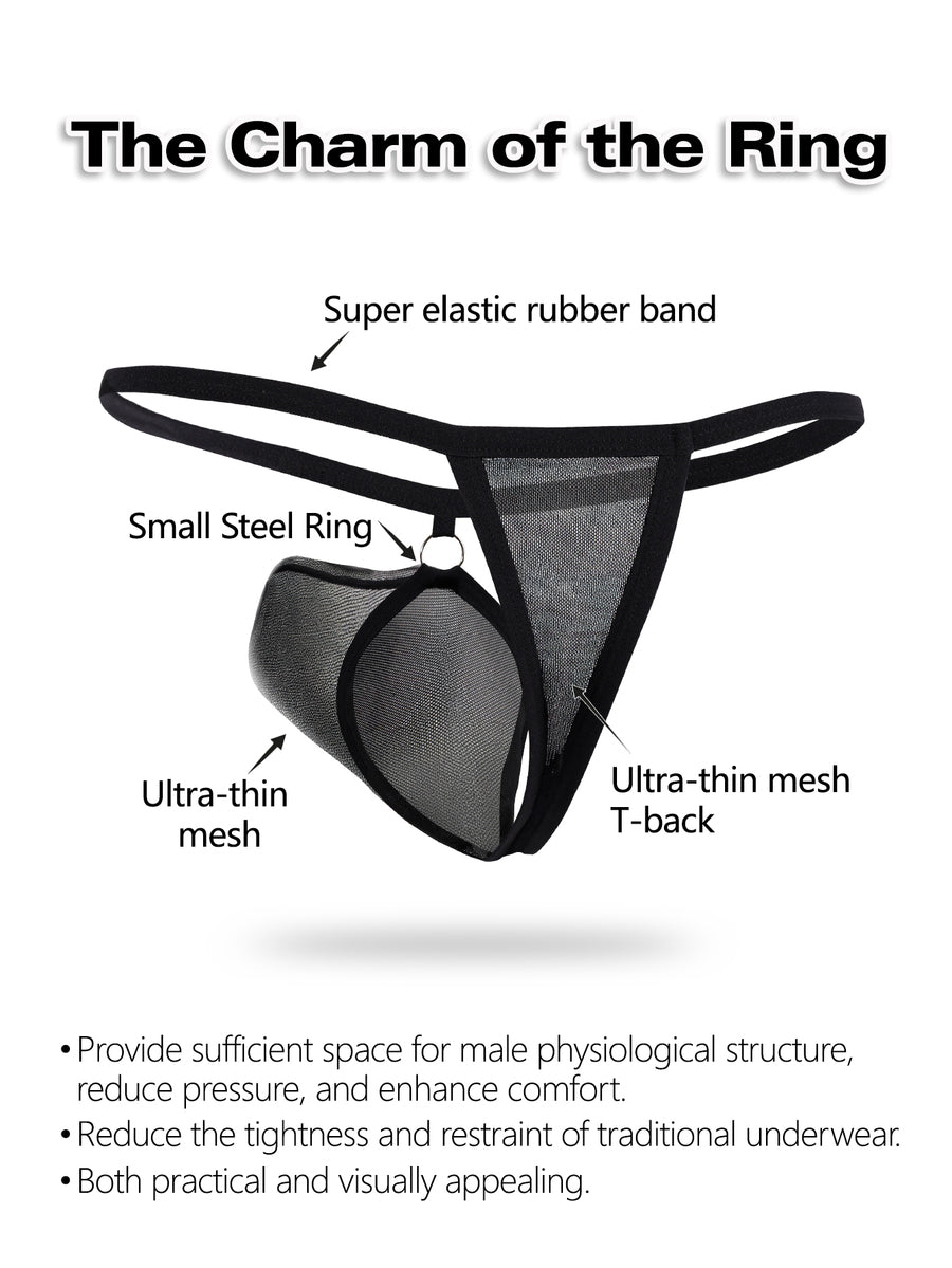 Black men's mesh thong underwear with low-rise waist and U-convex design.
