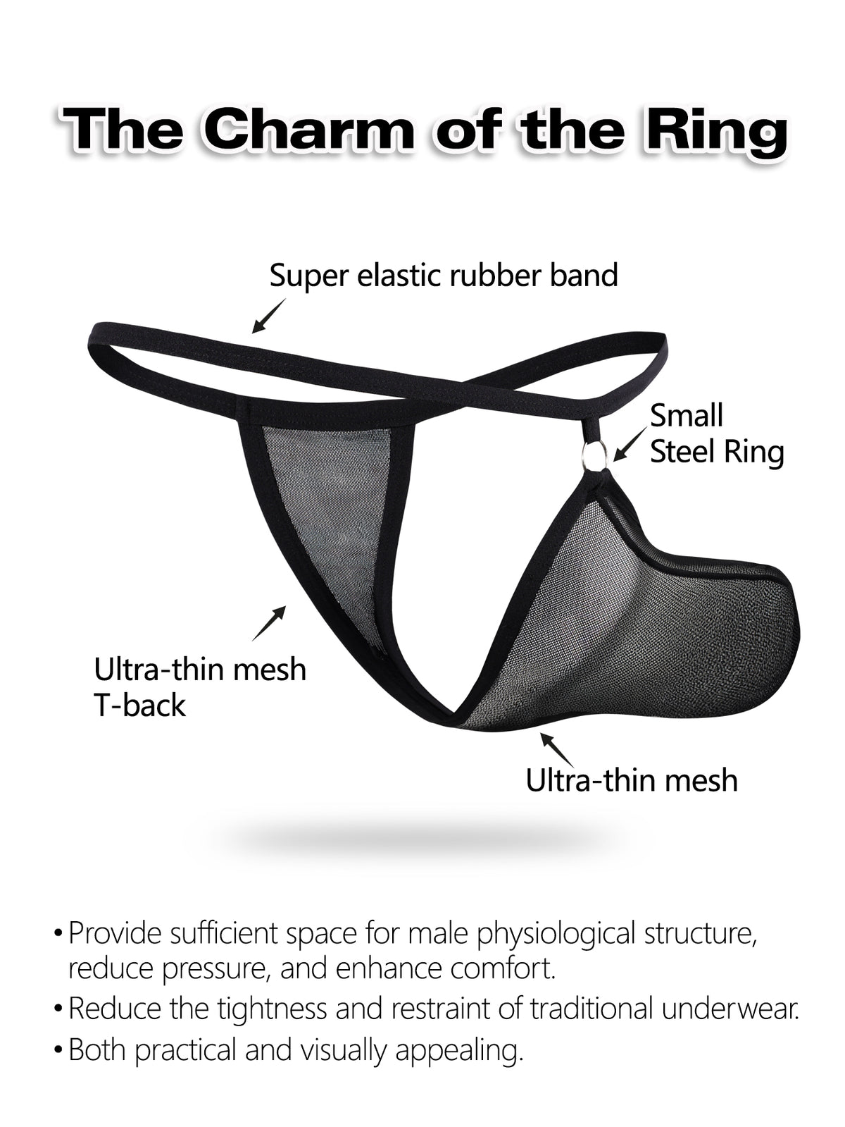 Black men's mesh thong underwear with low-rise waist and U-convex design.