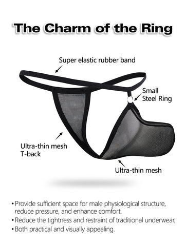 Black men's mesh thong underwear with low-rise waist and U-convex design.