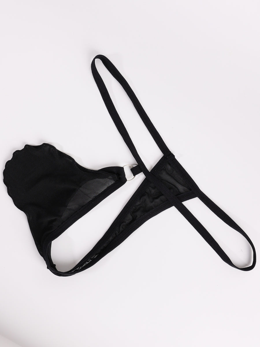 Black men's mesh thong underwear with low-rise waist and U-convex design.