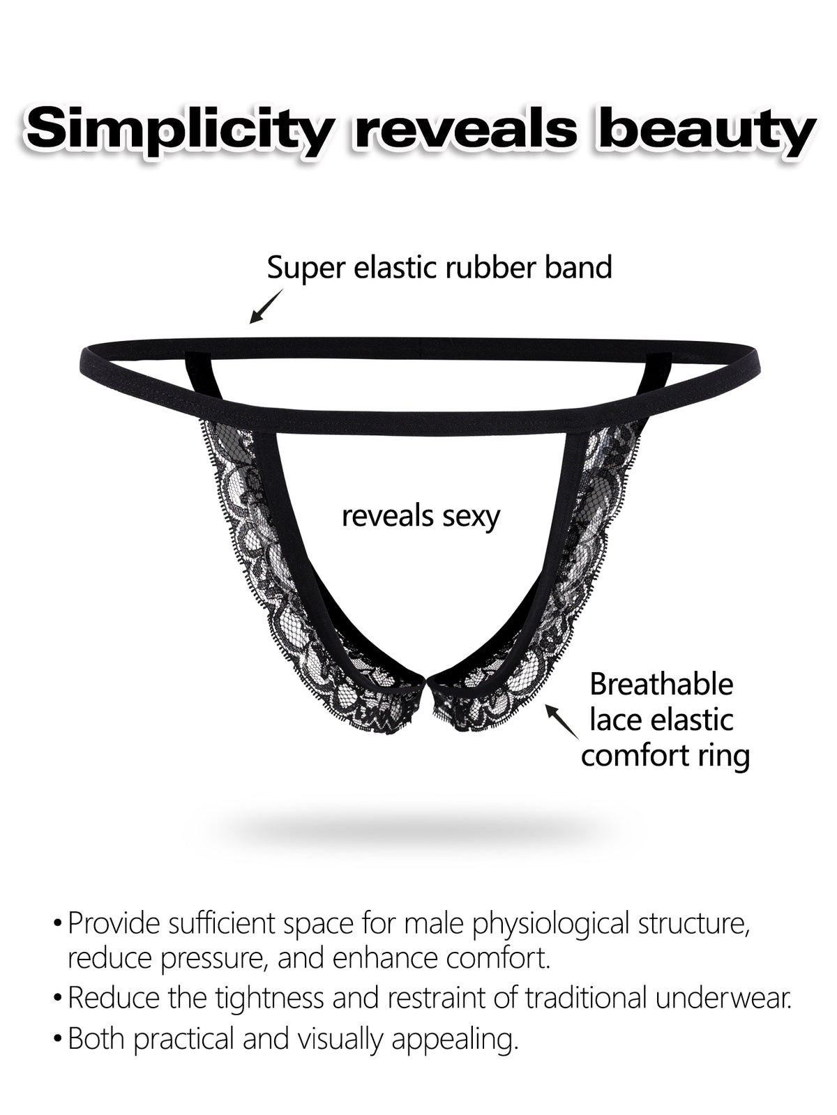 Men's black low-rise lace trim thong underwear featuring ring details and medium stretch knitted fabric.