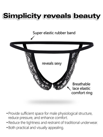 Men's black low-rise lace trim thong underwear featuring ring details and medium stretch knitted fabric.