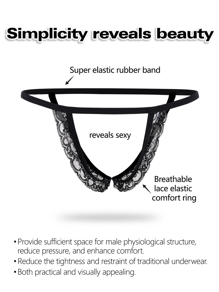 Men's black low-rise lace trim thong underwear featuring ring details and medium stretch knitted fabric.