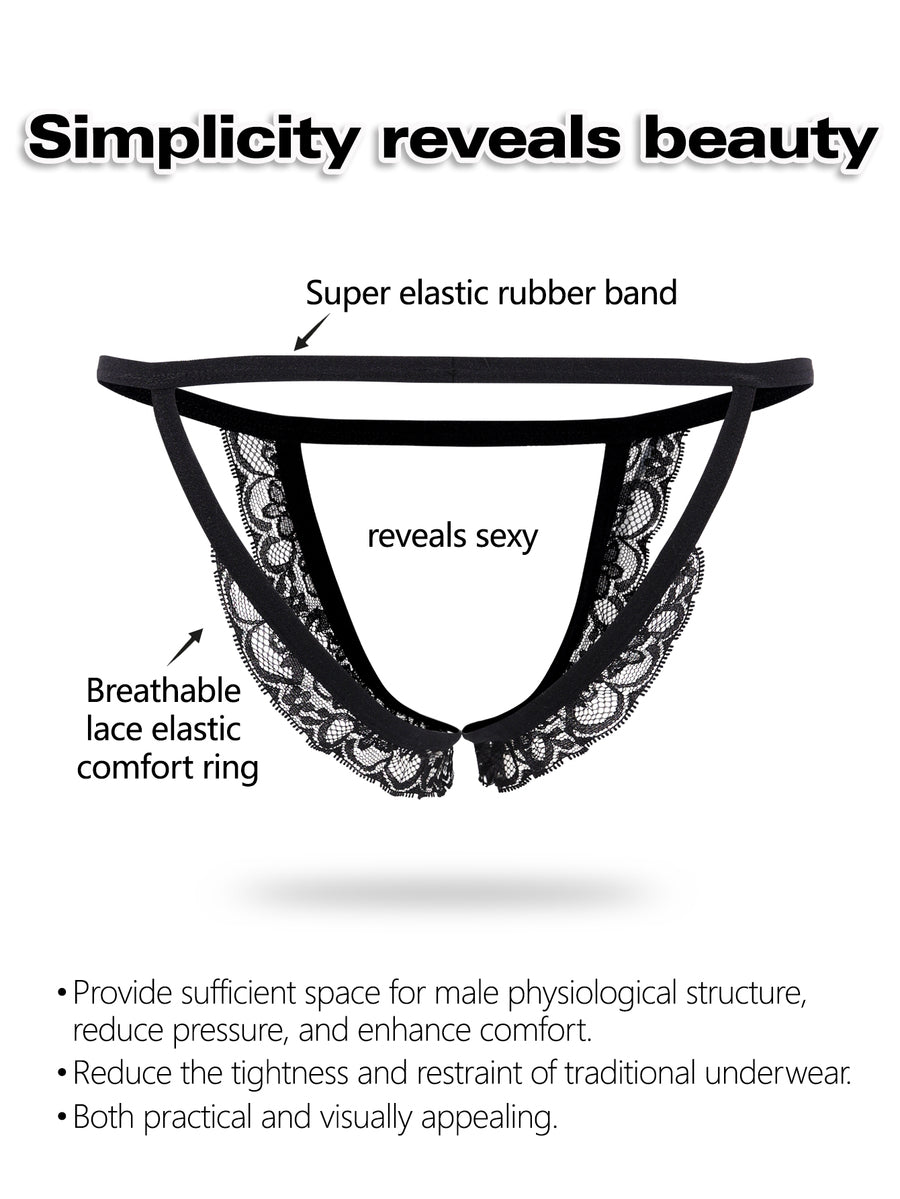 Men's black low-rise lace trim thong underwear featuring ring details and medium stretch knitted fabric.