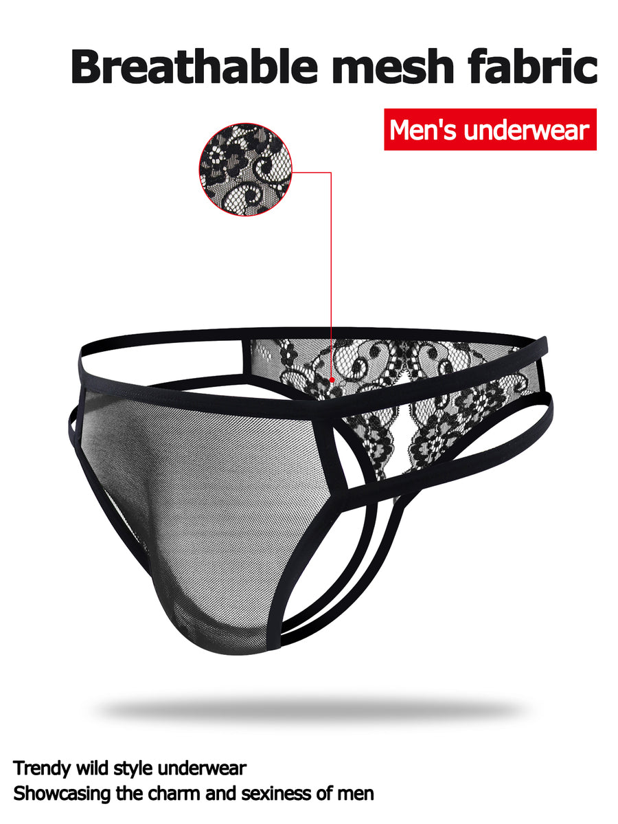 Black low rise men's mesh jockstrap brief featuring lace hollow back waist detail.