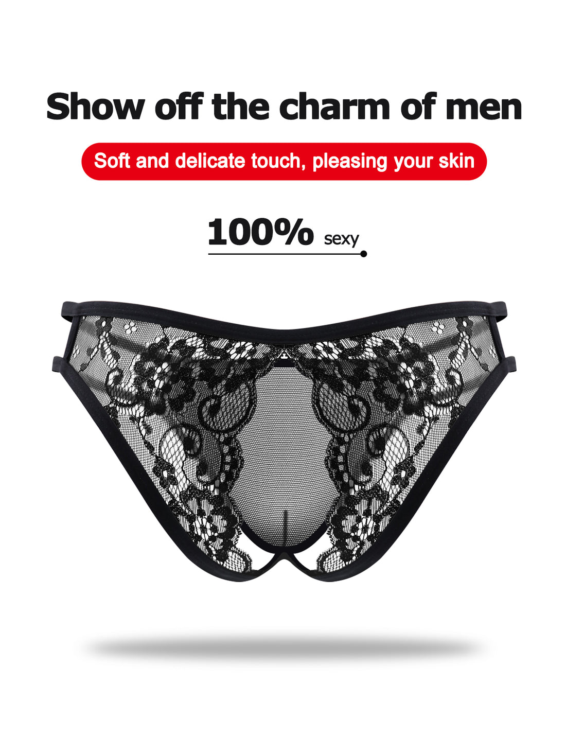 Black low rise men's mesh jockstrap brief featuring lace hollow back waist detail.