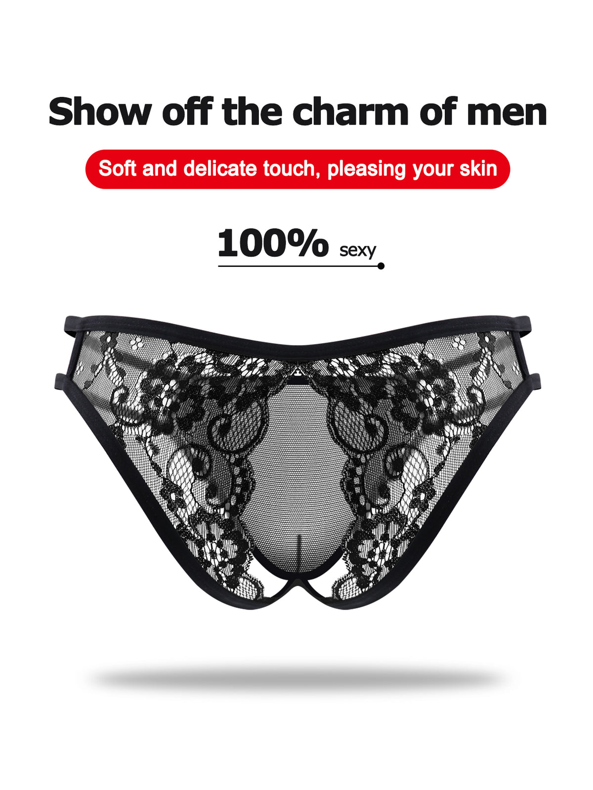 Black low rise men's mesh jockstrap brief featuring lace hollow back waist detail.