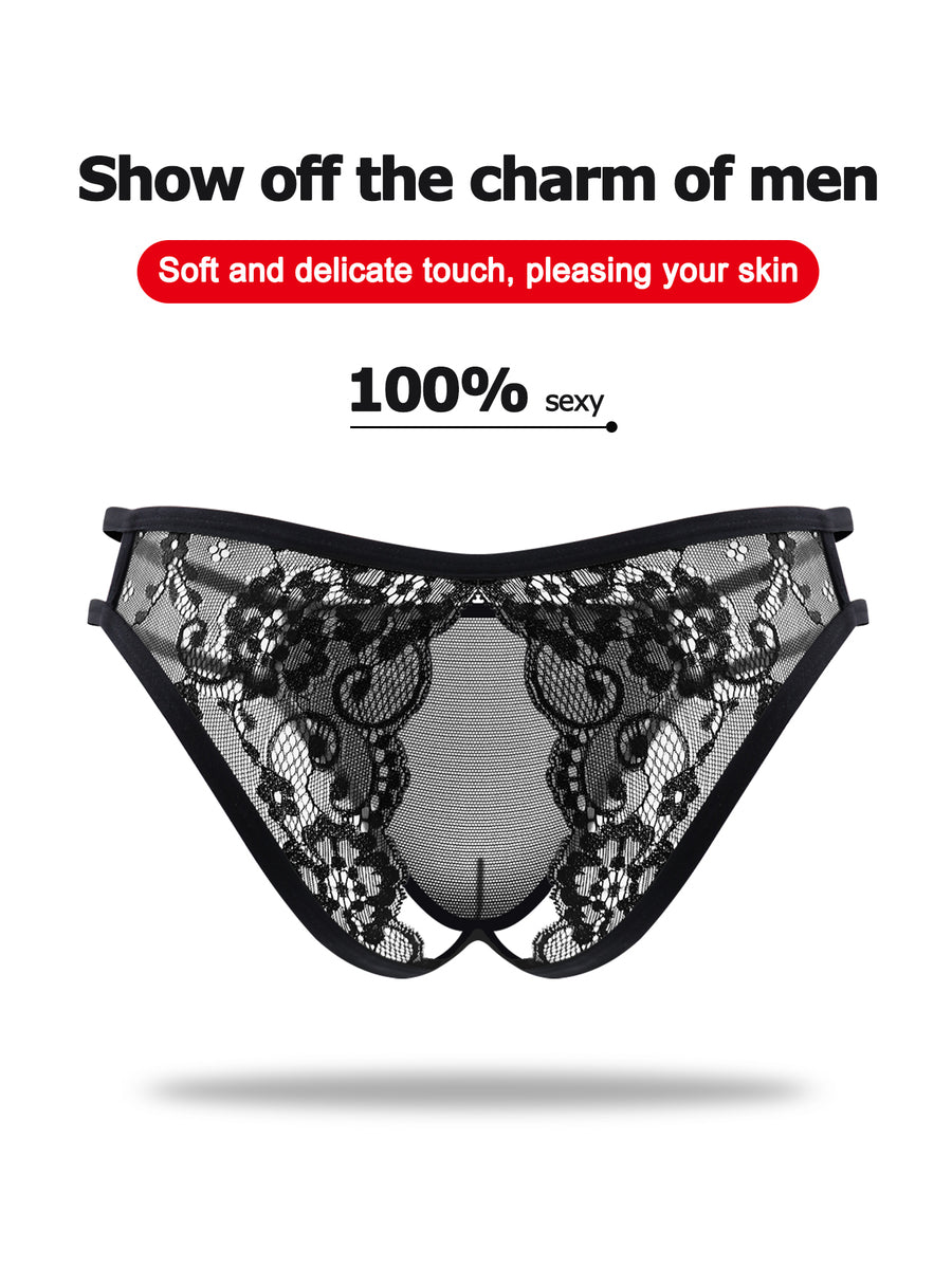 Black low rise men's mesh jockstrap brief featuring lace hollow back waist detail.
