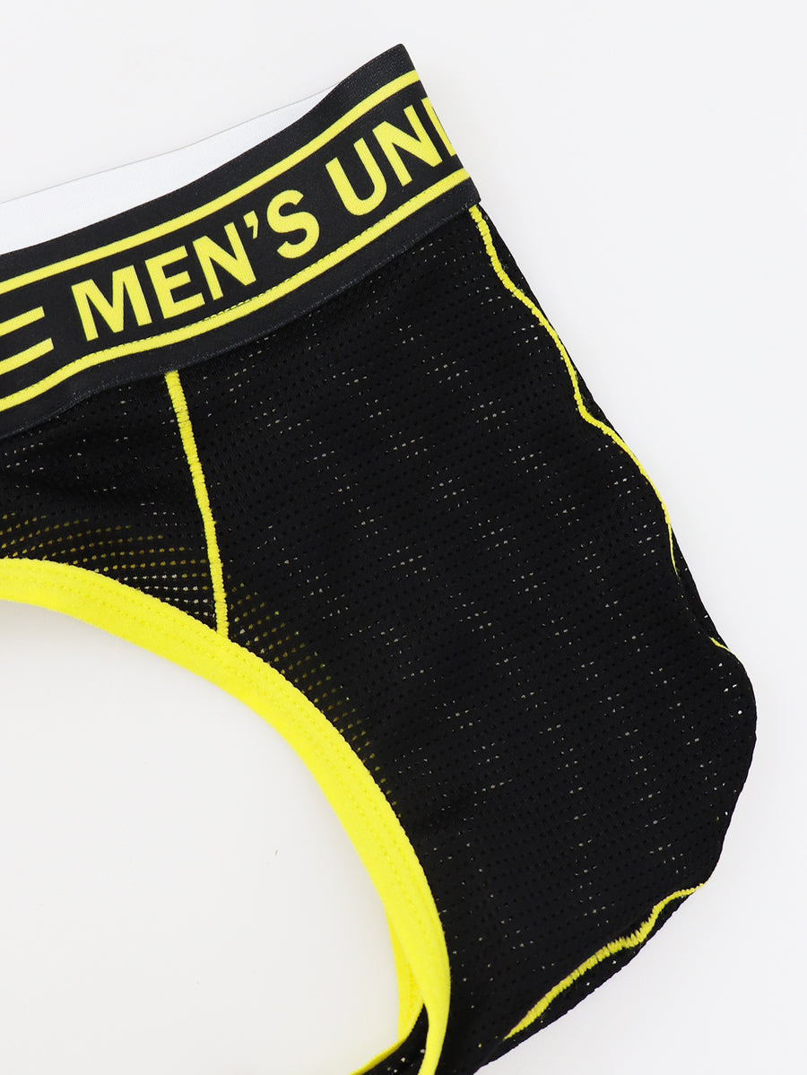 Black mid-rise men's jockstrap underwear featuring bold yellow trim and patterned waistband.