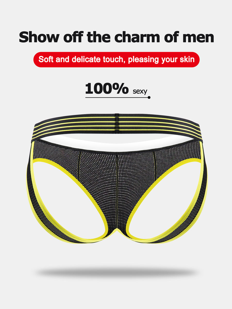 Black mid-rise men's jockstrap underwear featuring bold yellow trim and patterned waistband.