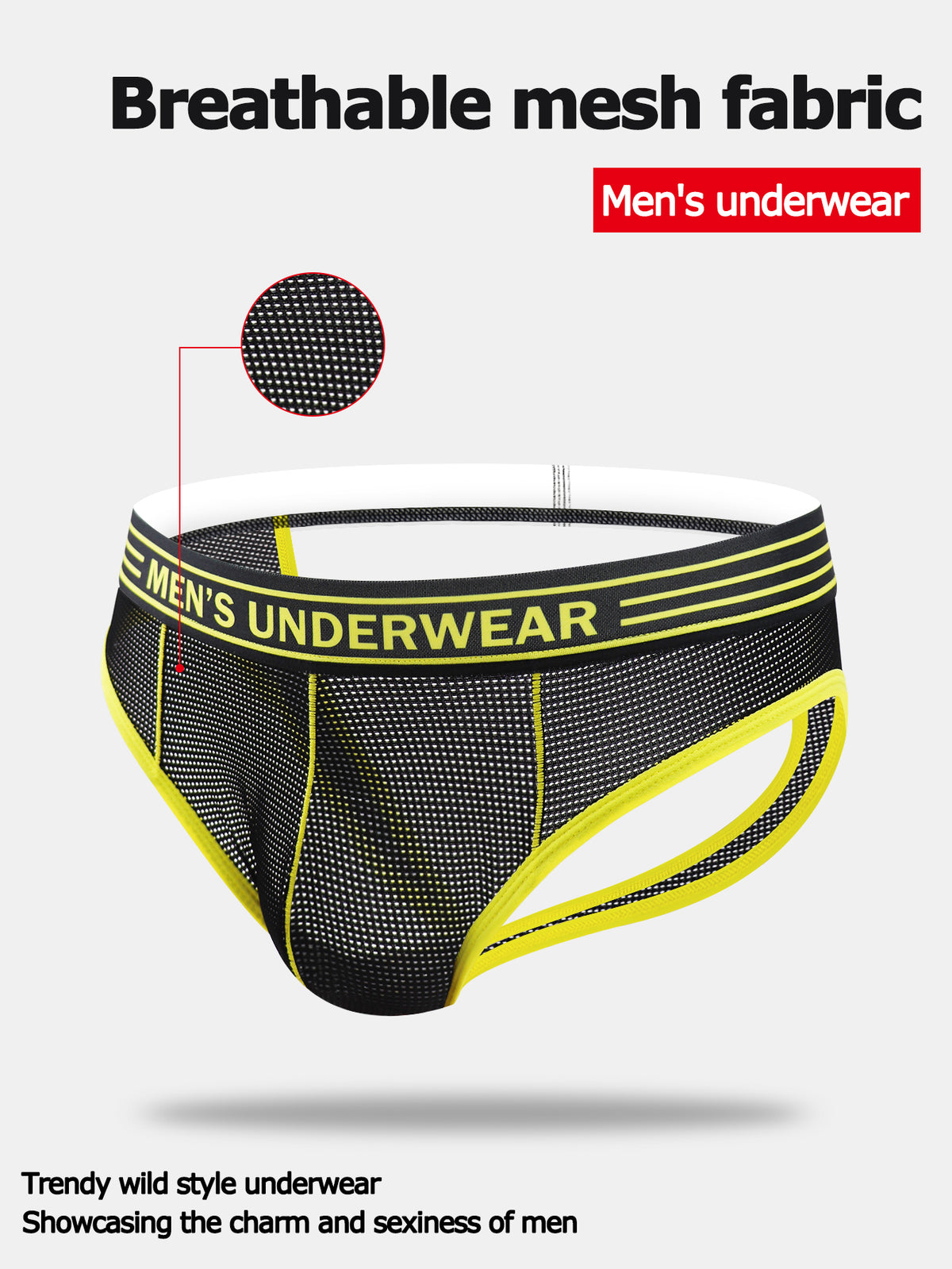 Black mid-rise men's jockstrap underwear featuring bold yellow trim and patterned waistband.