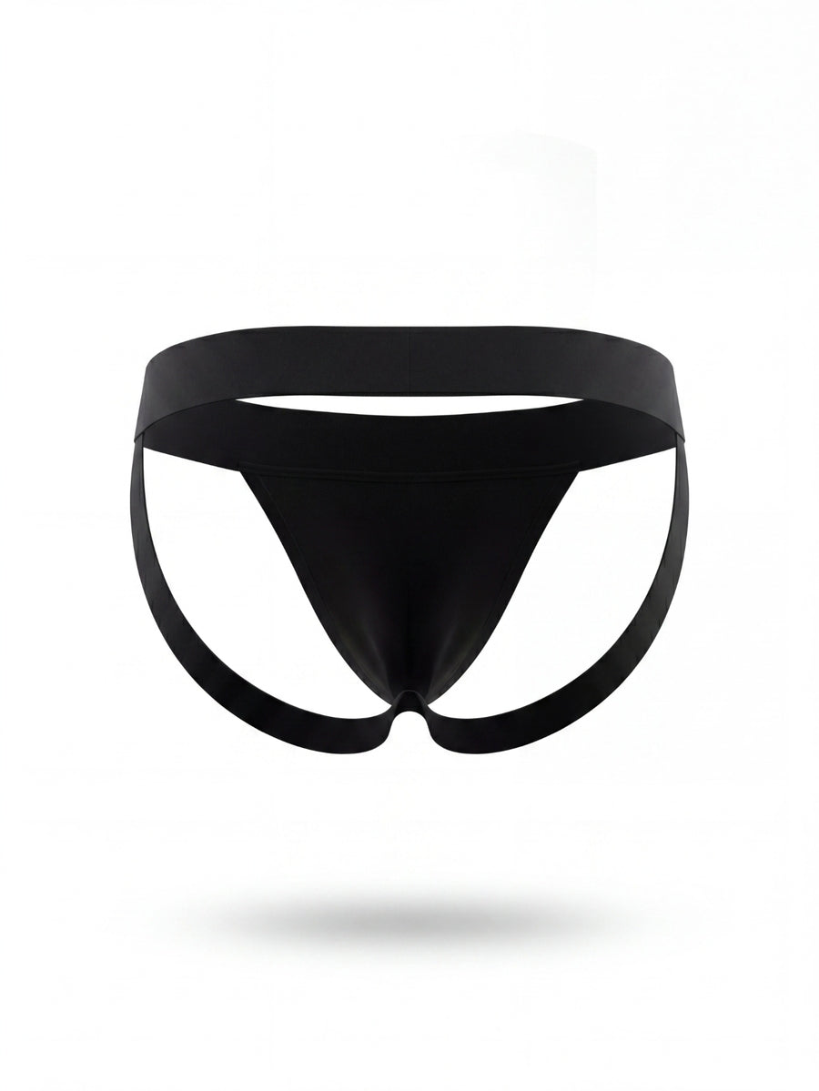 Men's black solid color jockstrap featuring a cut-out back design, tape detailing, and mid-rise waist crafted from medium-stretch knitted fabric.