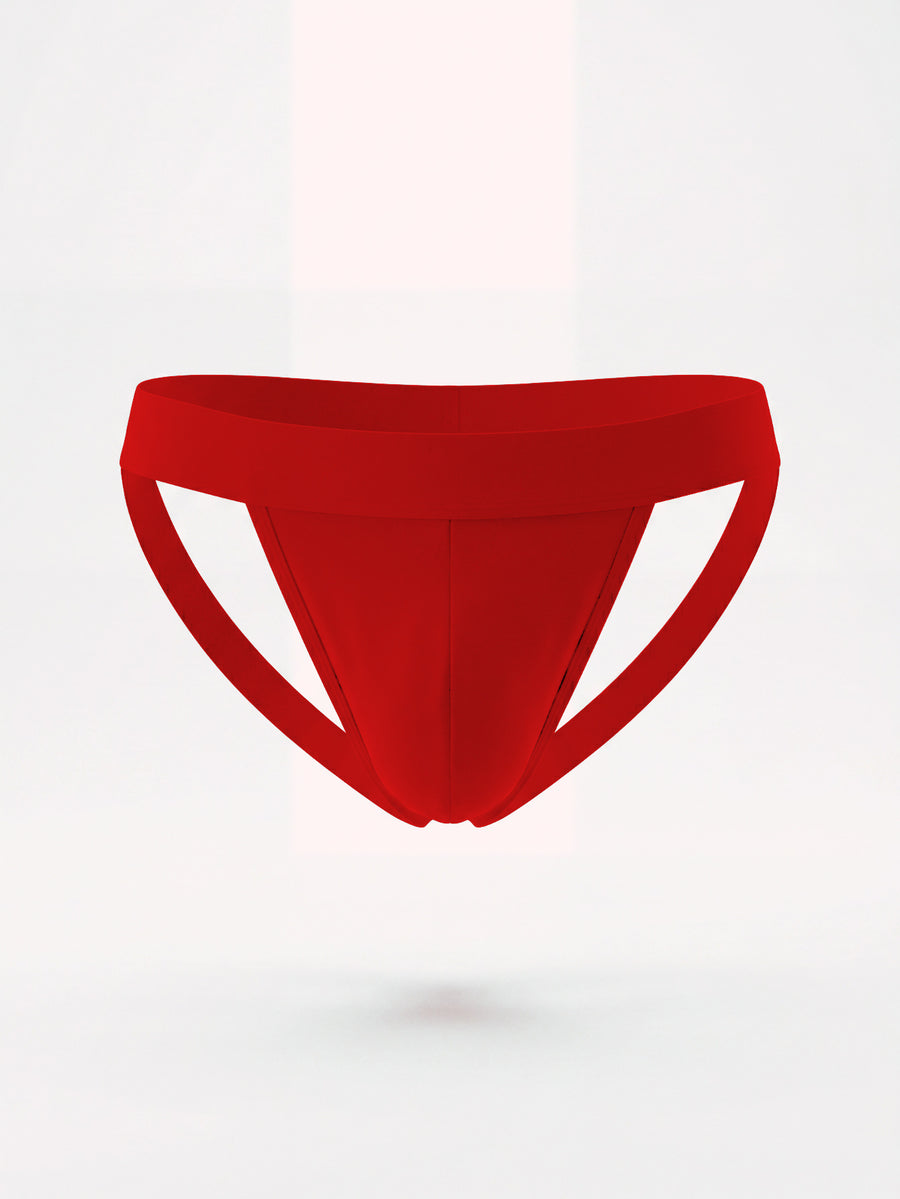 Men's black solid color jockstrap featuring a cut-out back design, tape detailing, and mid-rise waist crafted from medium-stretch knitted fabric.