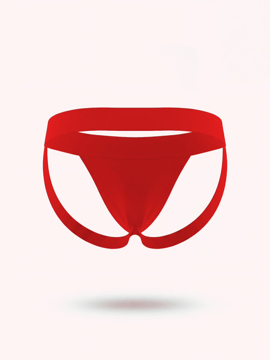 Men's black solid color jockstrap featuring a cut-out back design, tape detailing, and mid-rise waist crafted from medium-stretch knitted fabric.