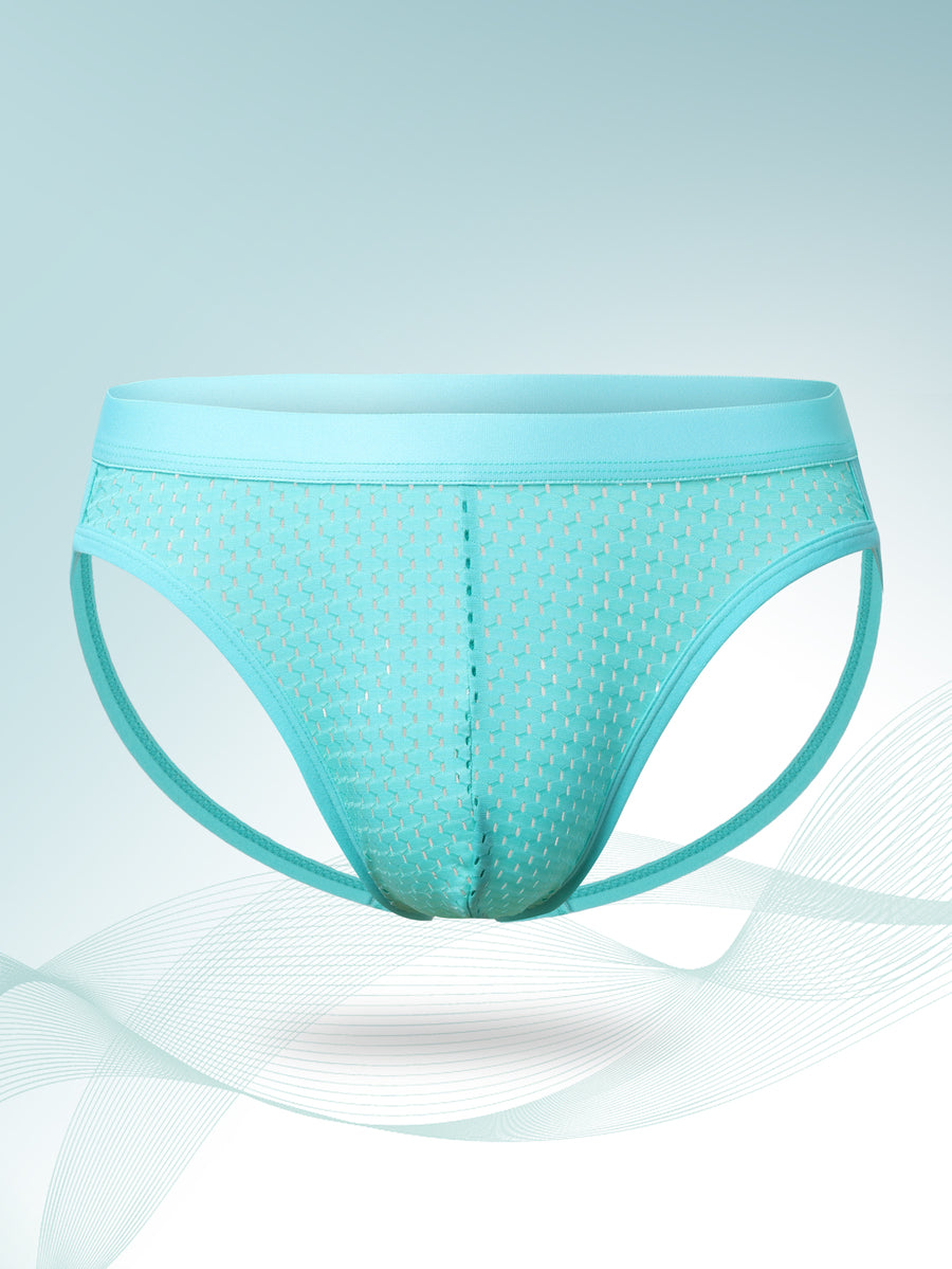 Men's low rise jockstrap underwear in plain cadet blue knitted fabric featuring medium stretch.