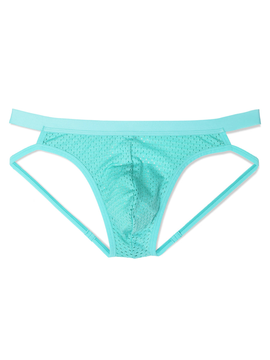 Men's low rise jockstrap underwear in plain cadet blue knitted fabric featuring medium stretch.