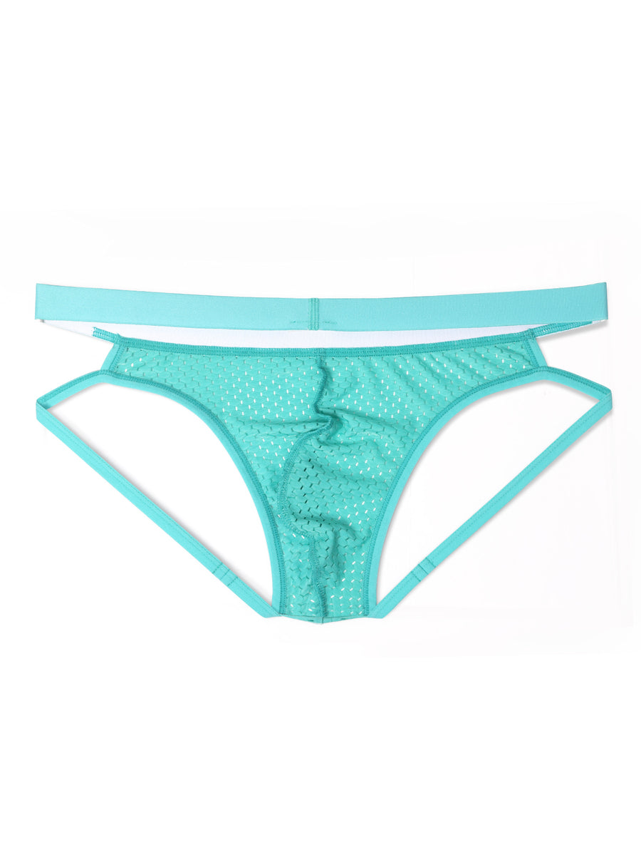 Men's low rise jockstrap underwear in plain cadet blue knitted fabric featuring medium stretch.