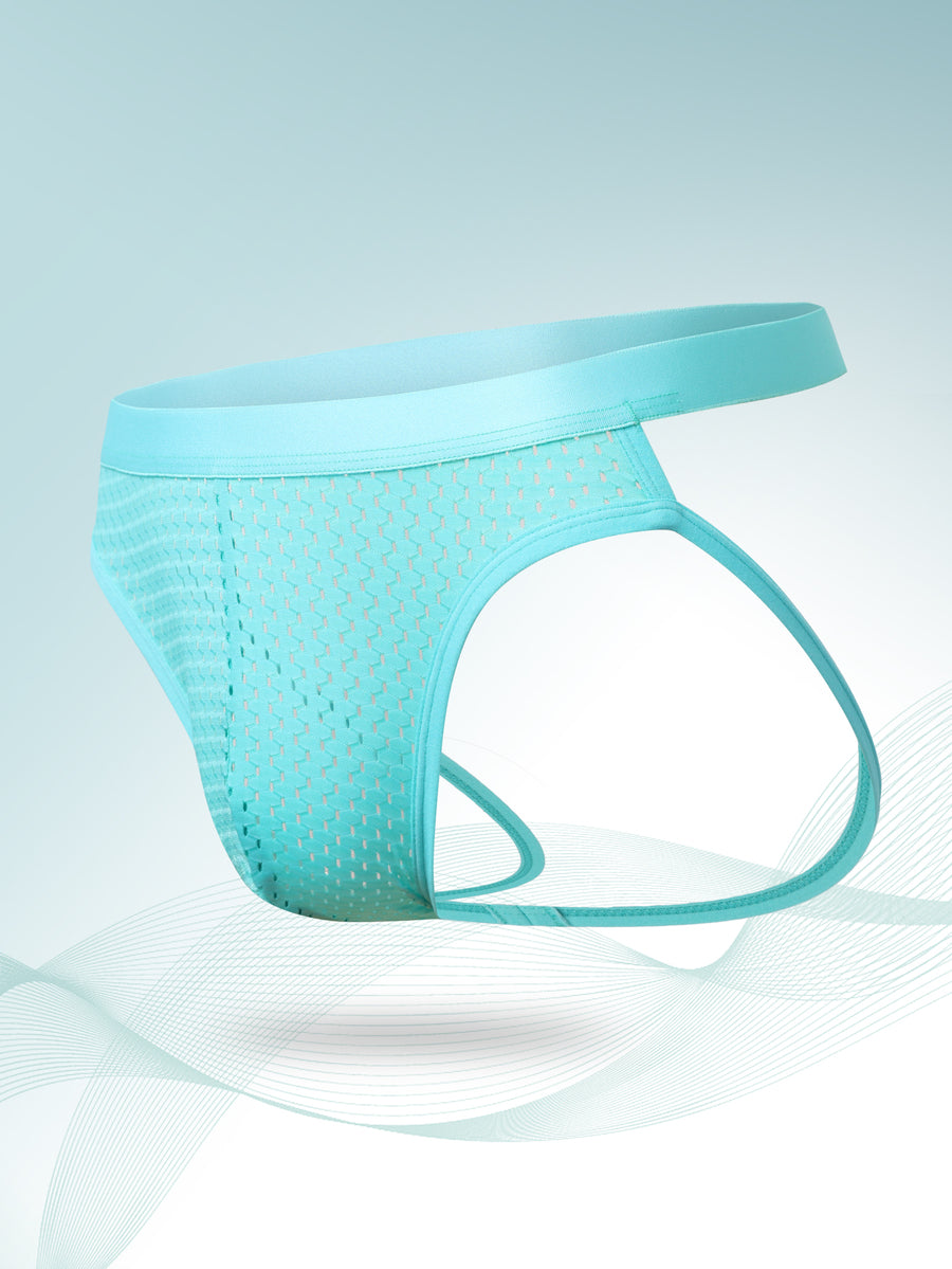 Men's low rise jockstrap underwear in plain cadet blue knitted fabric featuring medium stretch.