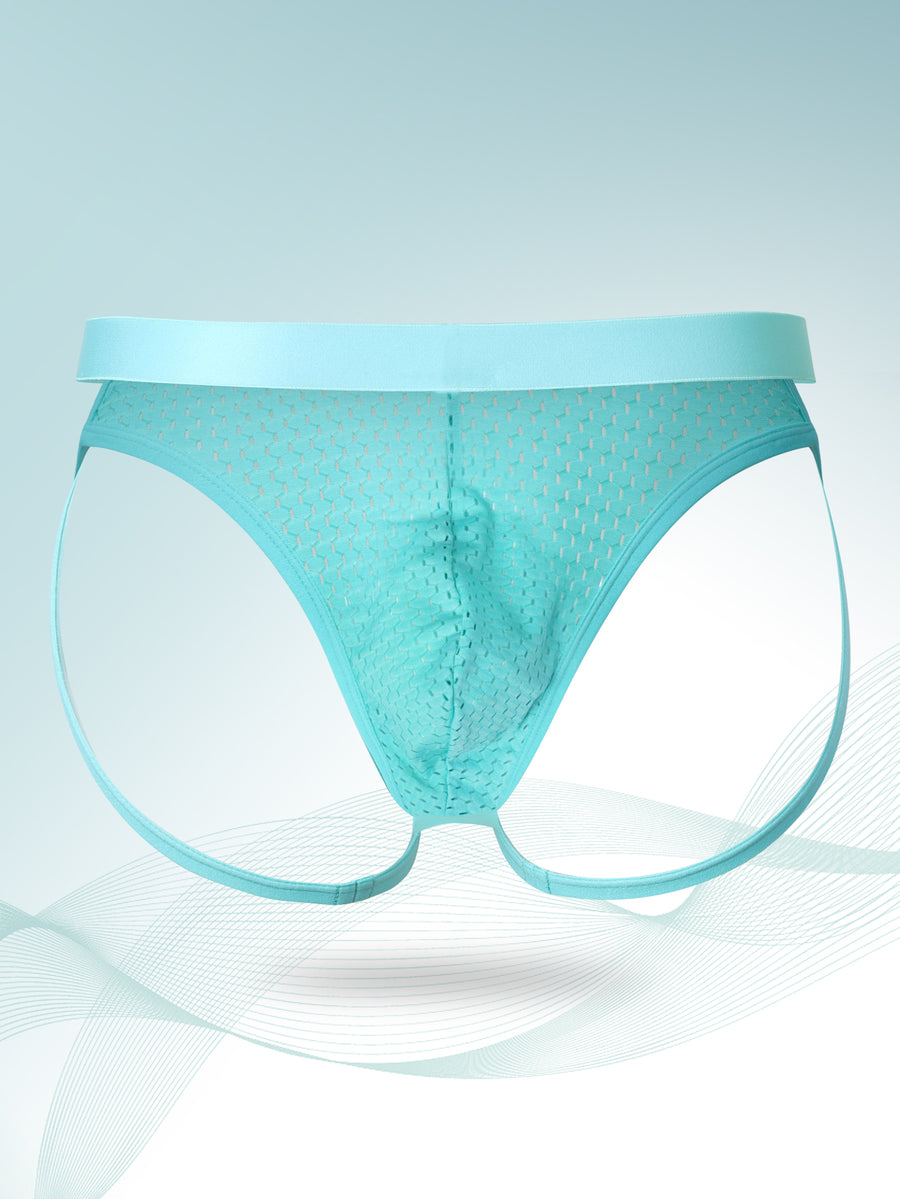 Men's low rise jockstrap underwear in plain cadet blue knitted fabric featuring medium stretch.
