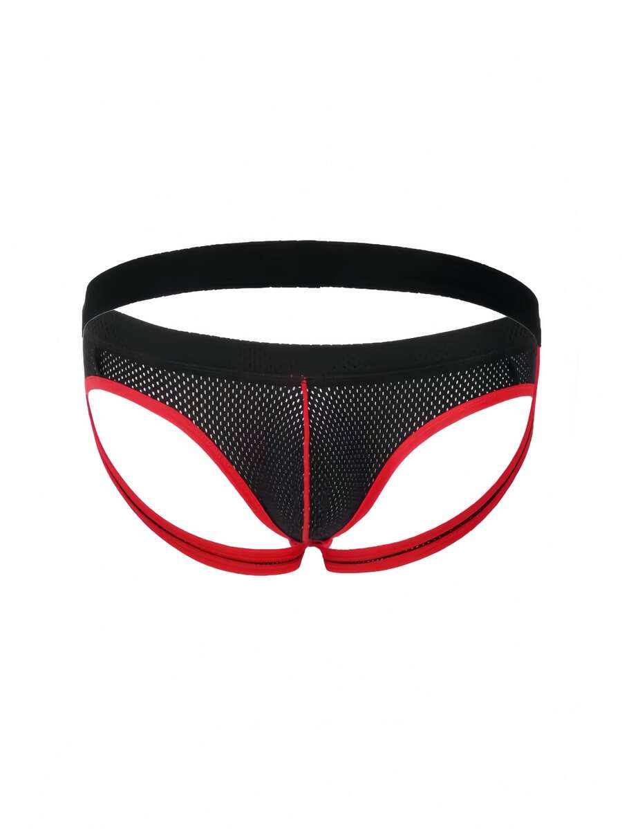 Black low rise men's contrast color thong with V neck and Christmas pattern design.