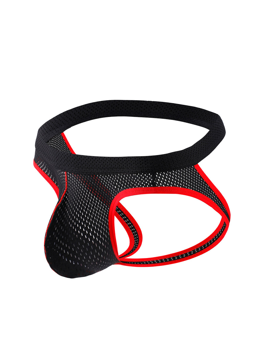 Black low rise men's contrast color thong with V neck and Christmas pattern design.