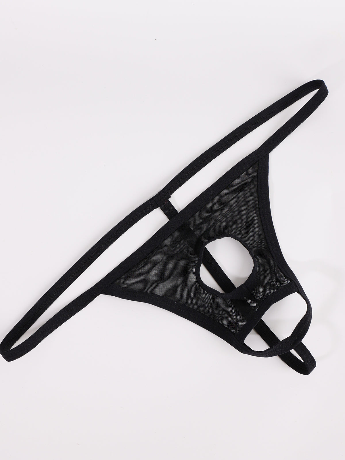 Black men's low rise mesh thong underwear with U-convex pouch.