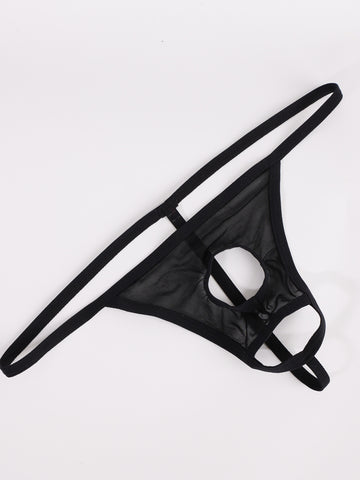 Black men's low rise mesh thong underwear with U-convex pouch.