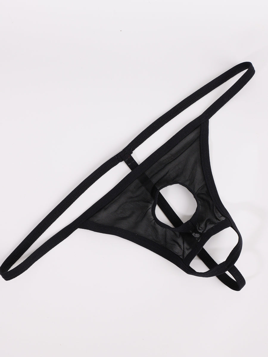 Black men's low rise mesh thong underwear with U-convex pouch.