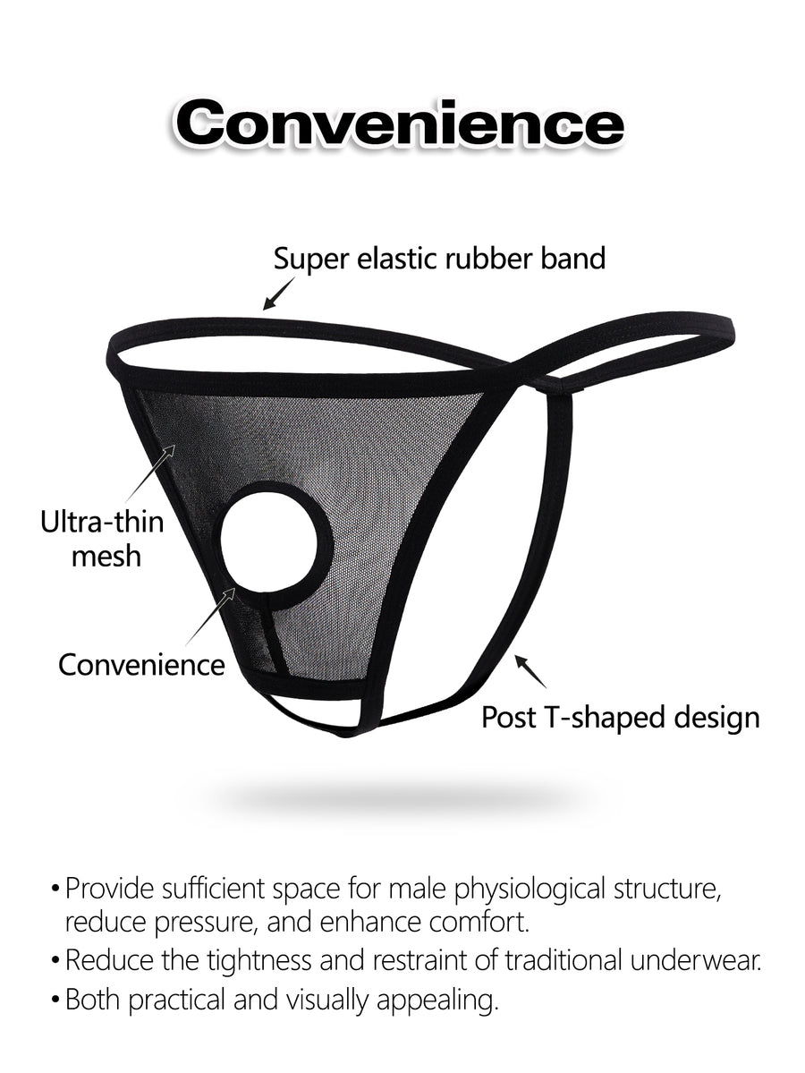 Black men's low rise mesh thong underwear with U-convex pouch.