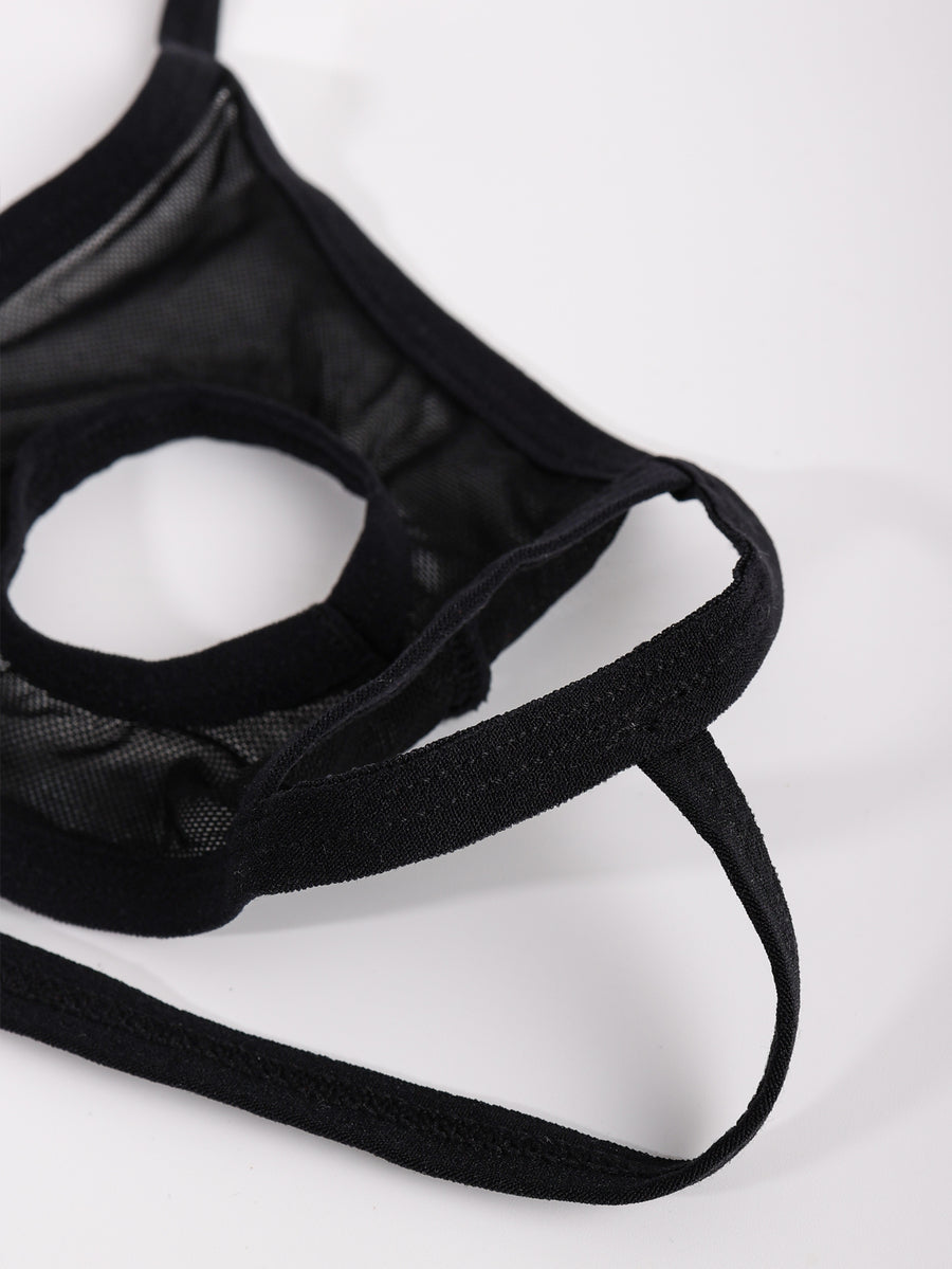 Black men's low rise mesh thong underwear with U-convex pouch.