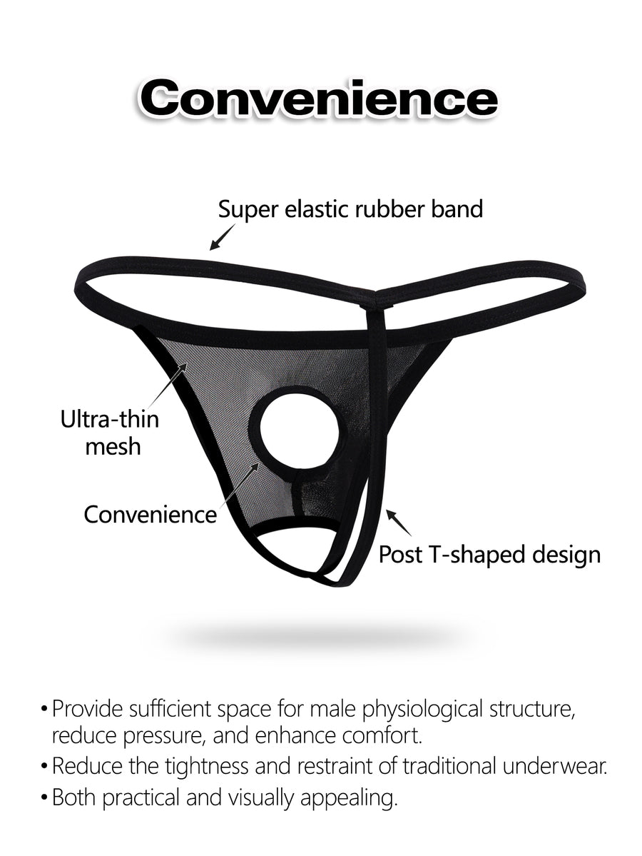 Black men's low rise mesh thong underwear with U-convex pouch.