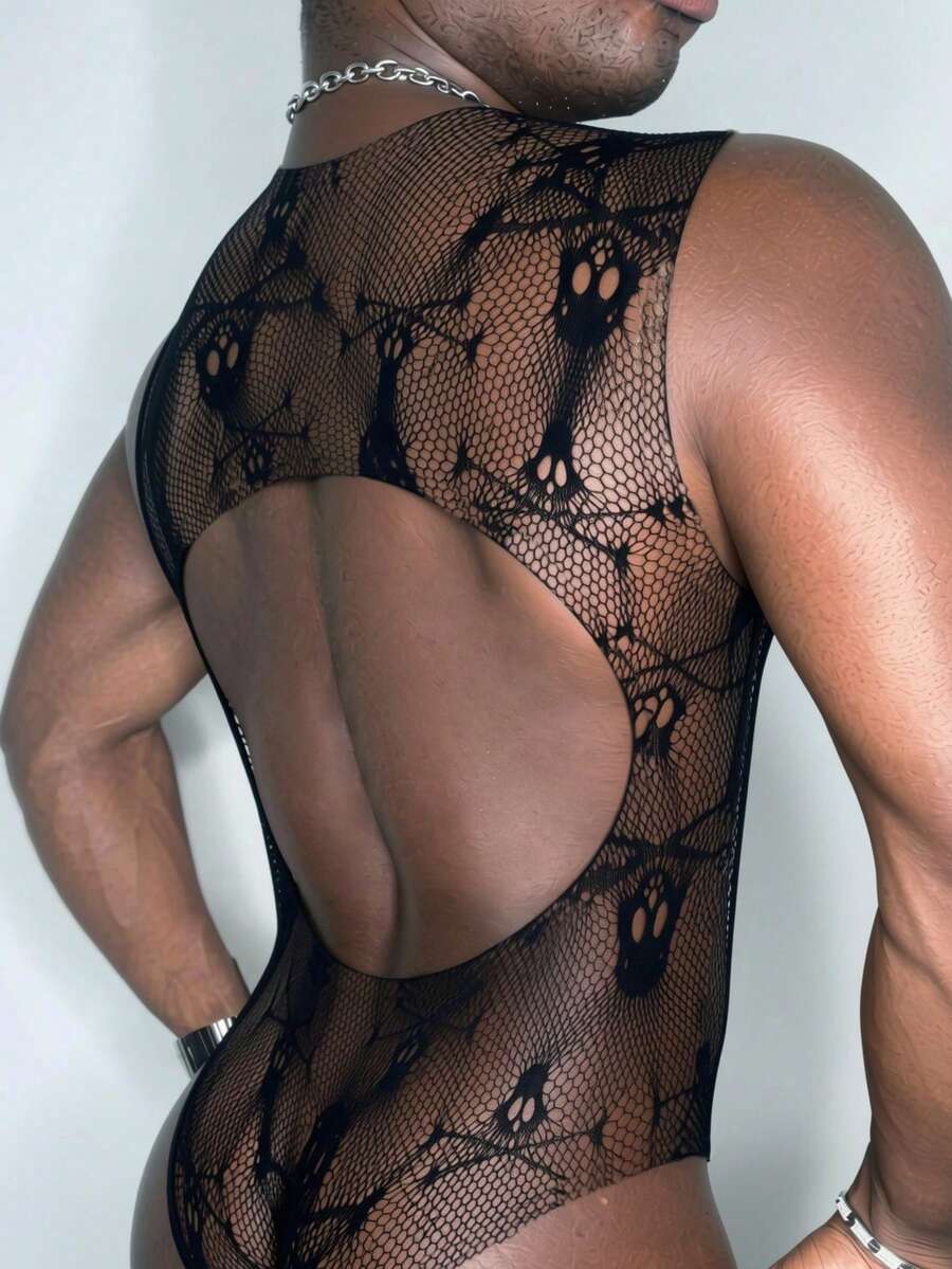 Black long one-piece bodysuit for men featuring hollow out design, round neck, and high stretch knitted fabric.